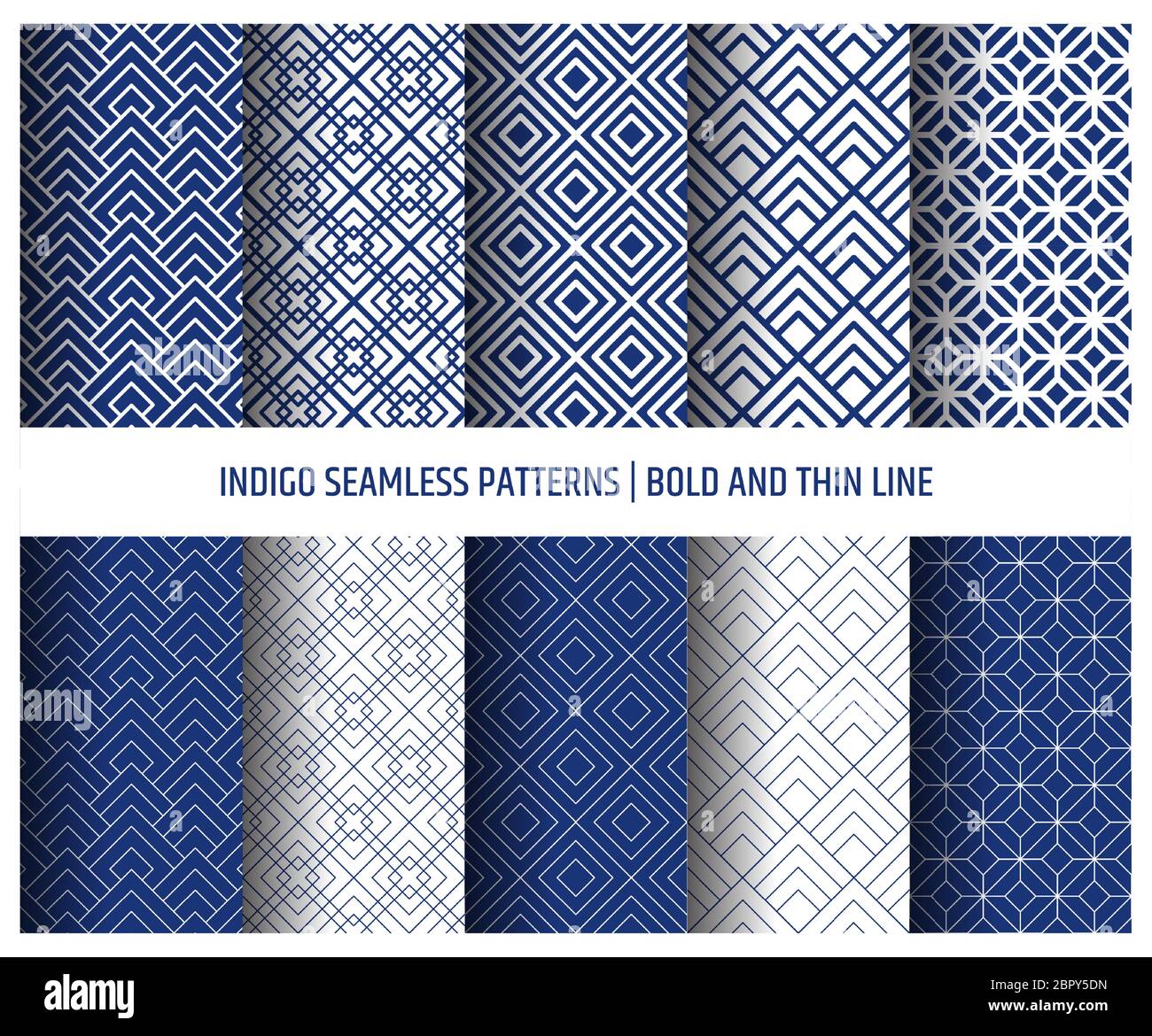 Indigo seamless patterns, bold and thin line. Japanese sashiko inspired blue and white background decoration. Stock Vector