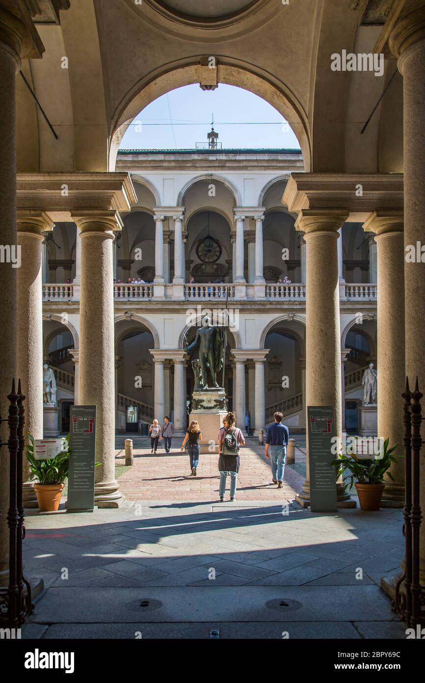 Courtyard and statue in Pinacoteca di Brera Art Gallery in Brera ...