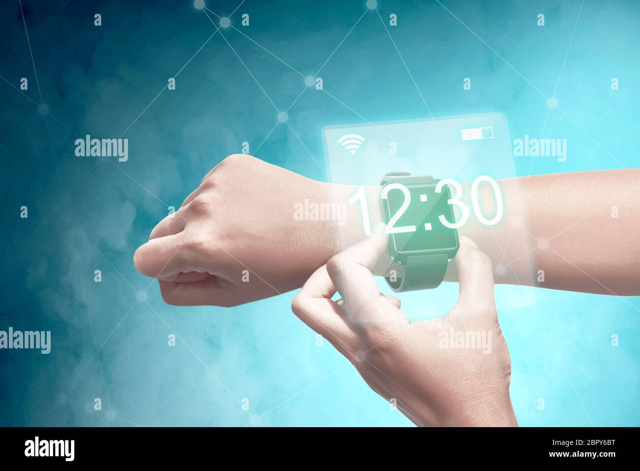 Male hand with smartwatch check the time. Digital technology concept ...