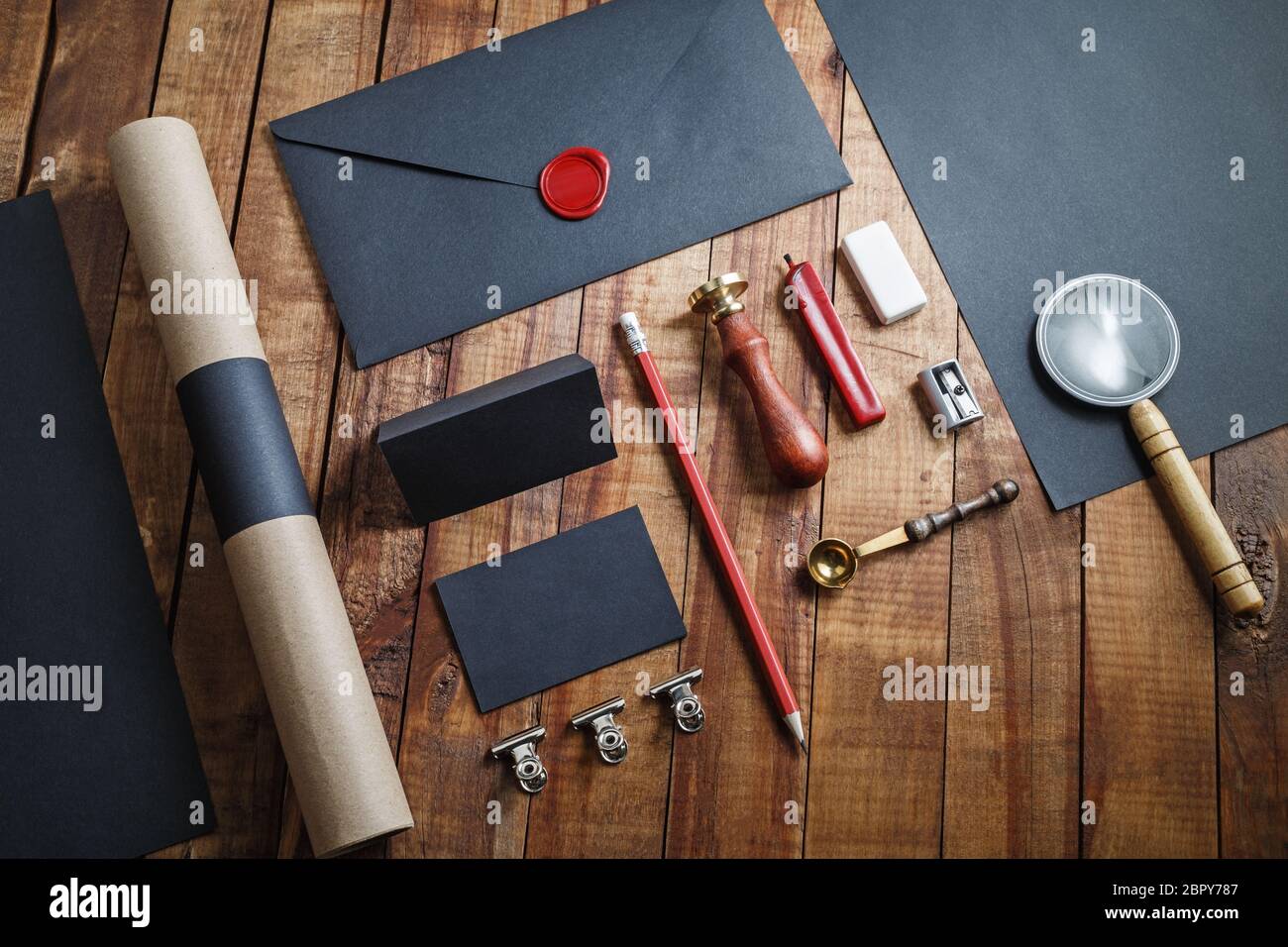Blank vintage stationery on wood table background. Responsive design template. Mockup for branding identity. Stock Photo