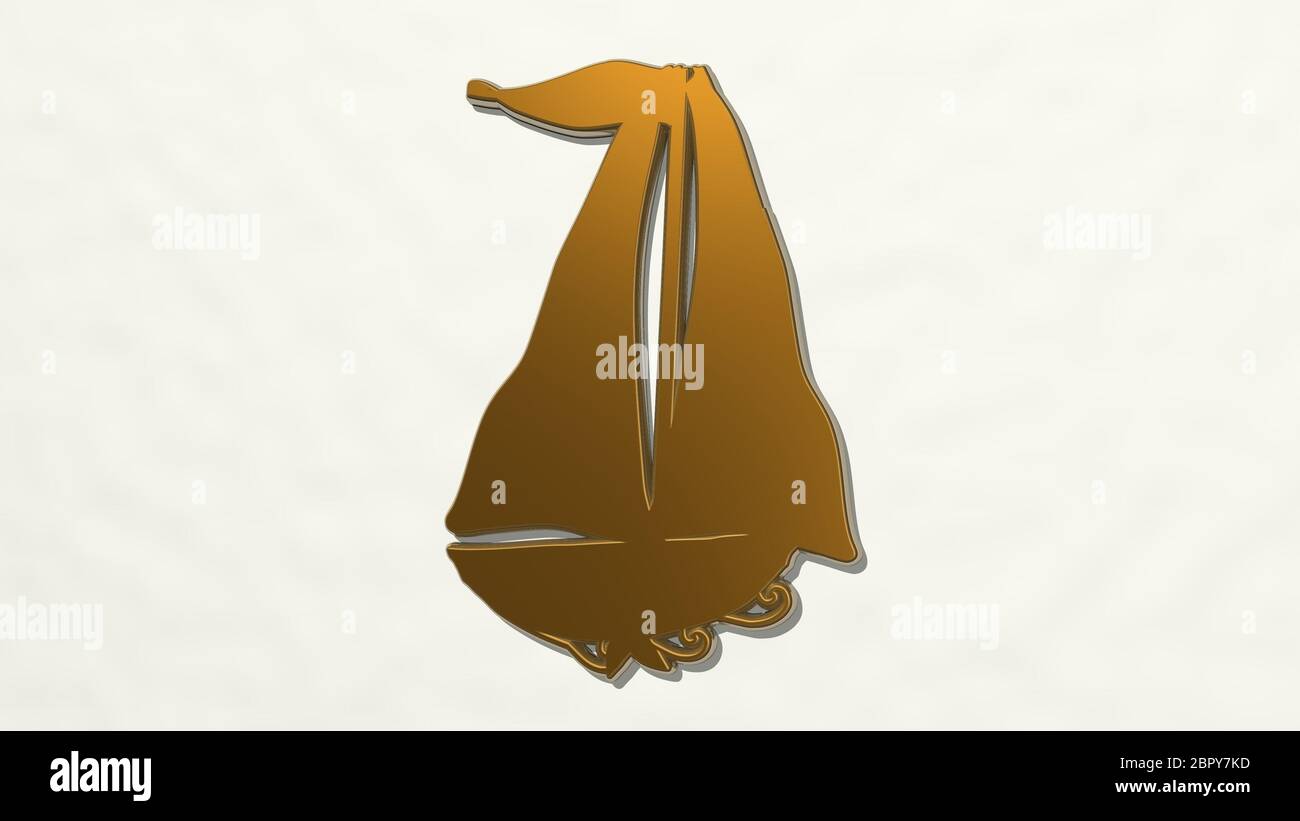 WIND BOAT on the wall. 3D illustration of metallic sculpture over a white background with mild texture Stock Photo