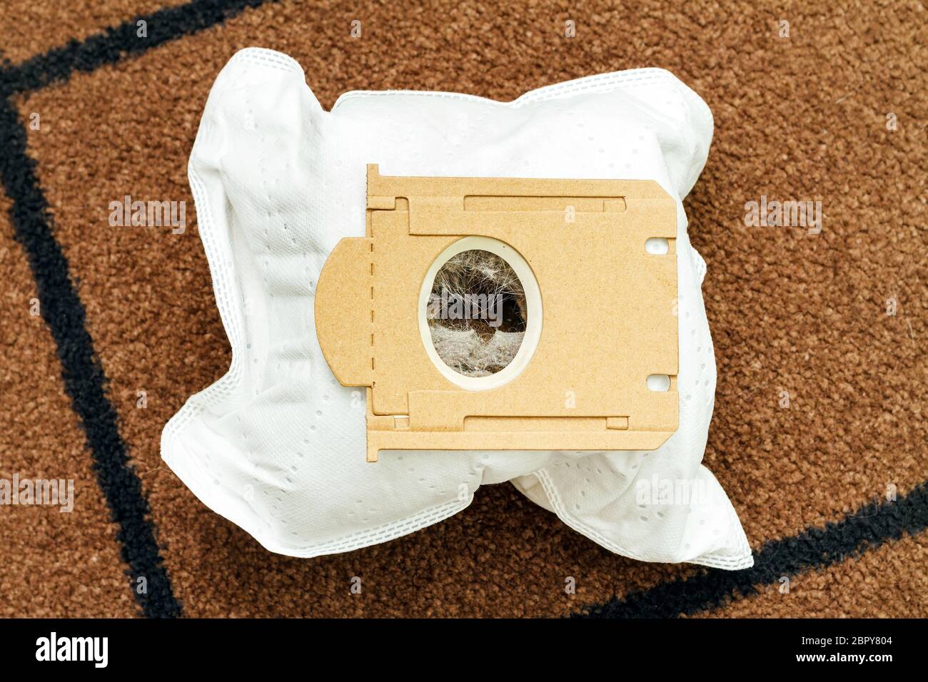 Top view of used vacuum cleaner bag full dust and animal hair on brown rug background Stock Photo