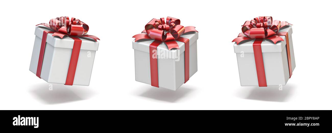 Cube white gift boxes with red ribbon 3D render illustration isolated ...