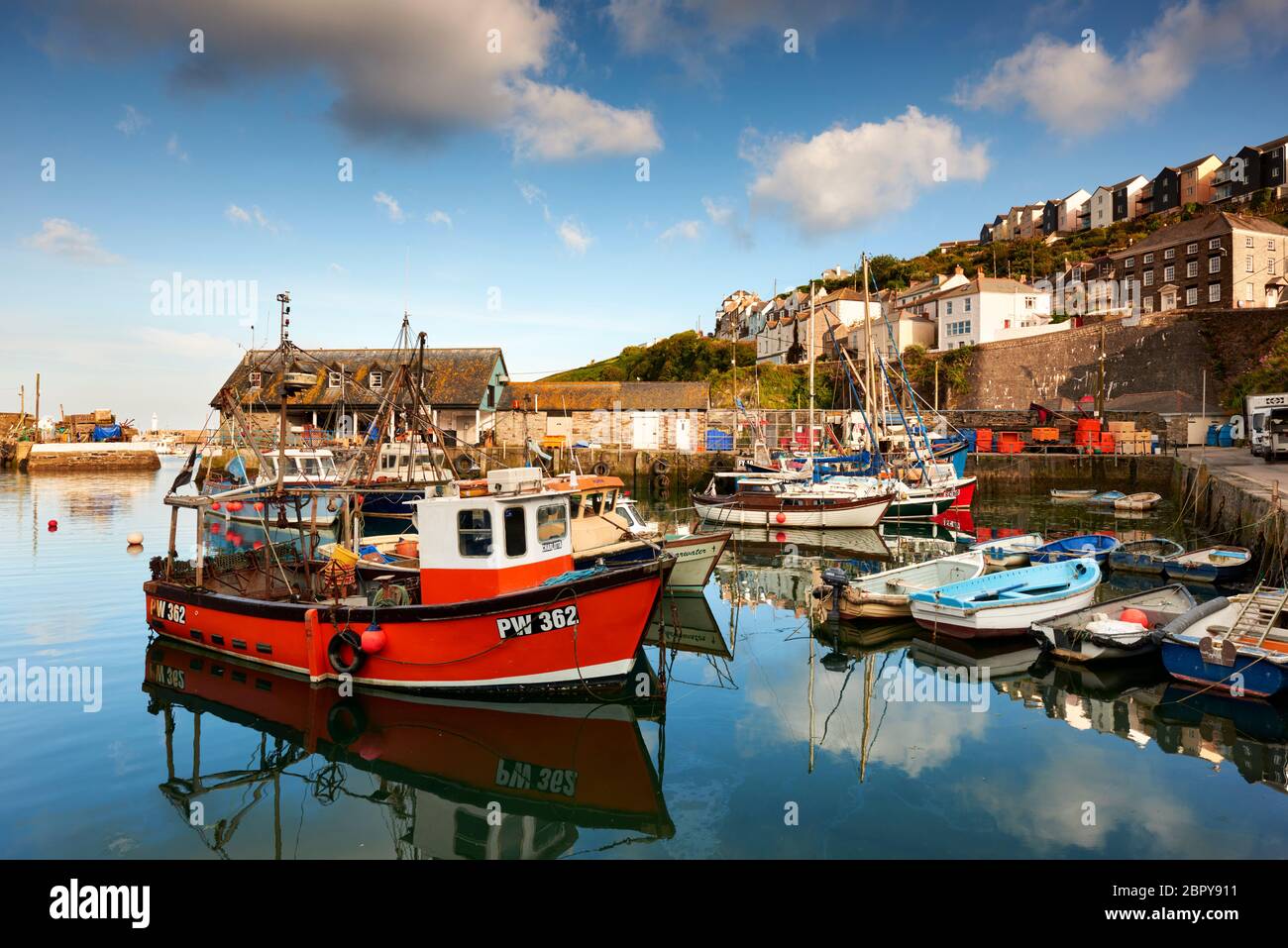 Waterfront view across Mevagissey Harbour, Cornwall Stock Photo
