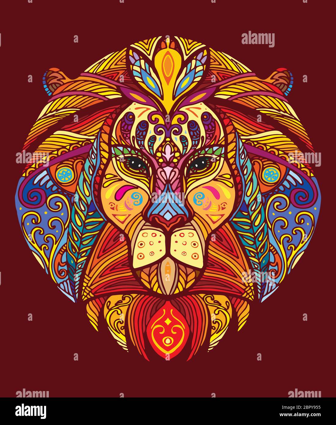 Vector decorative doodle ornamental head of lion. Abstract vector colorful illustration of lion head isolated on red background. Stock illustration fo Stock Vector