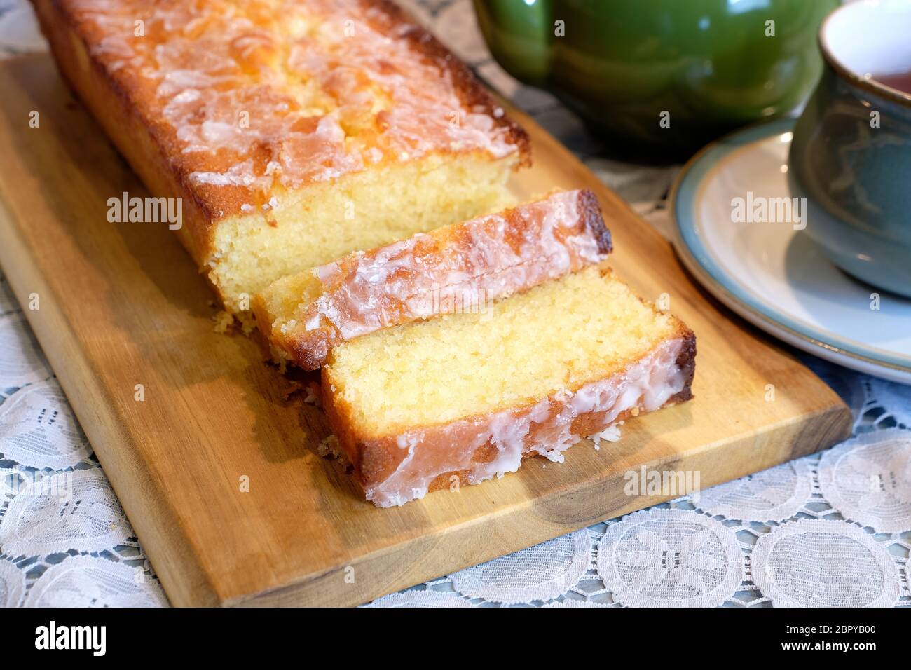 Home-baked Lemon Drizzle Cake Stock Photo