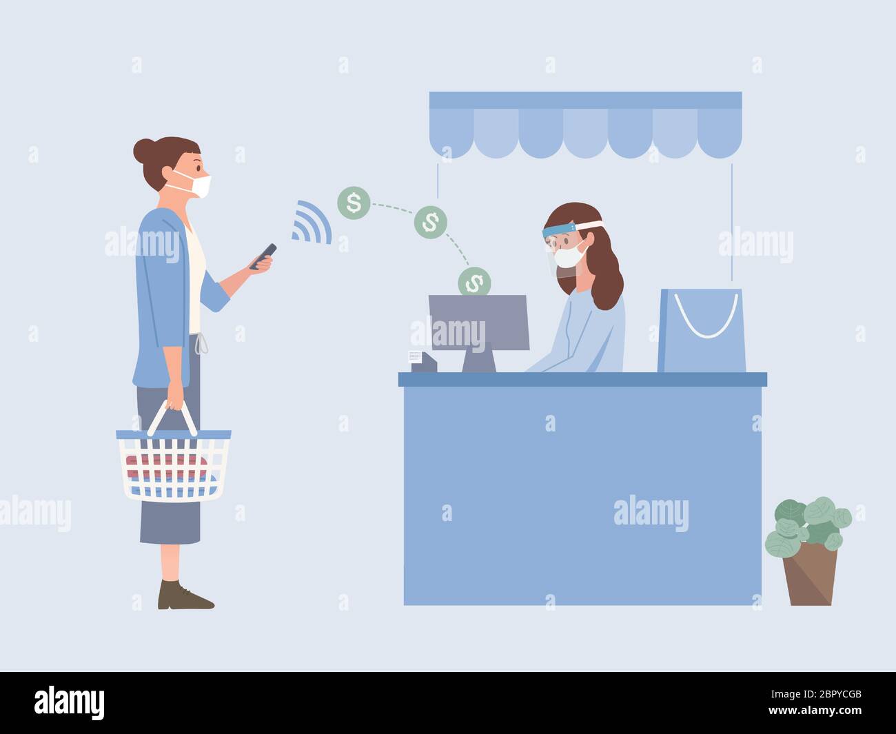 Women holding Shopping basket using Mobile Payment to pay Money online to sending money into drawer of Cash register at the cashier of a shopping mall. Stock Vector