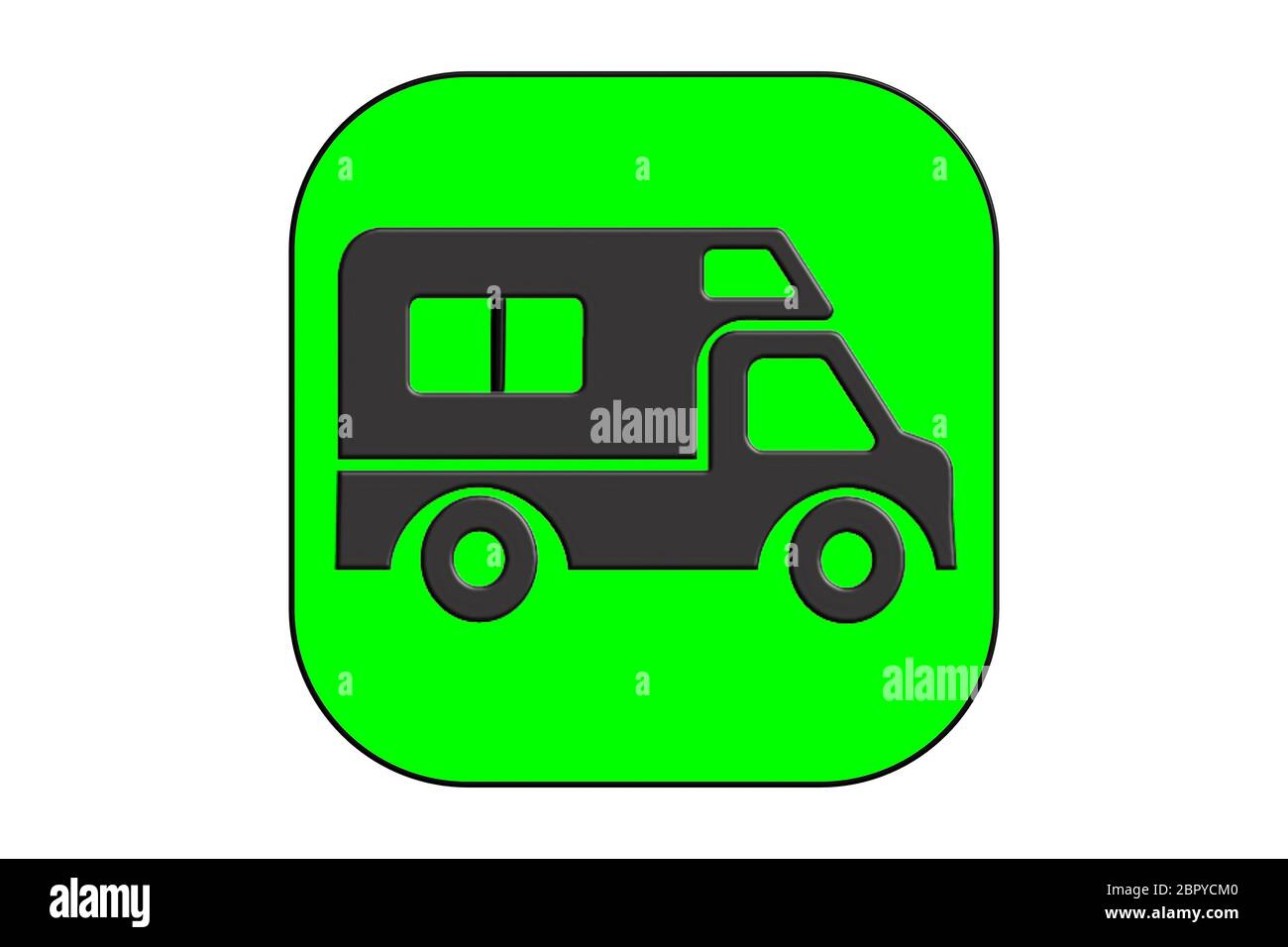 Black silhouetted RVs, Camper vans/ camping cars, truck trailers, flat design icons, isolated on green background Stock Photo