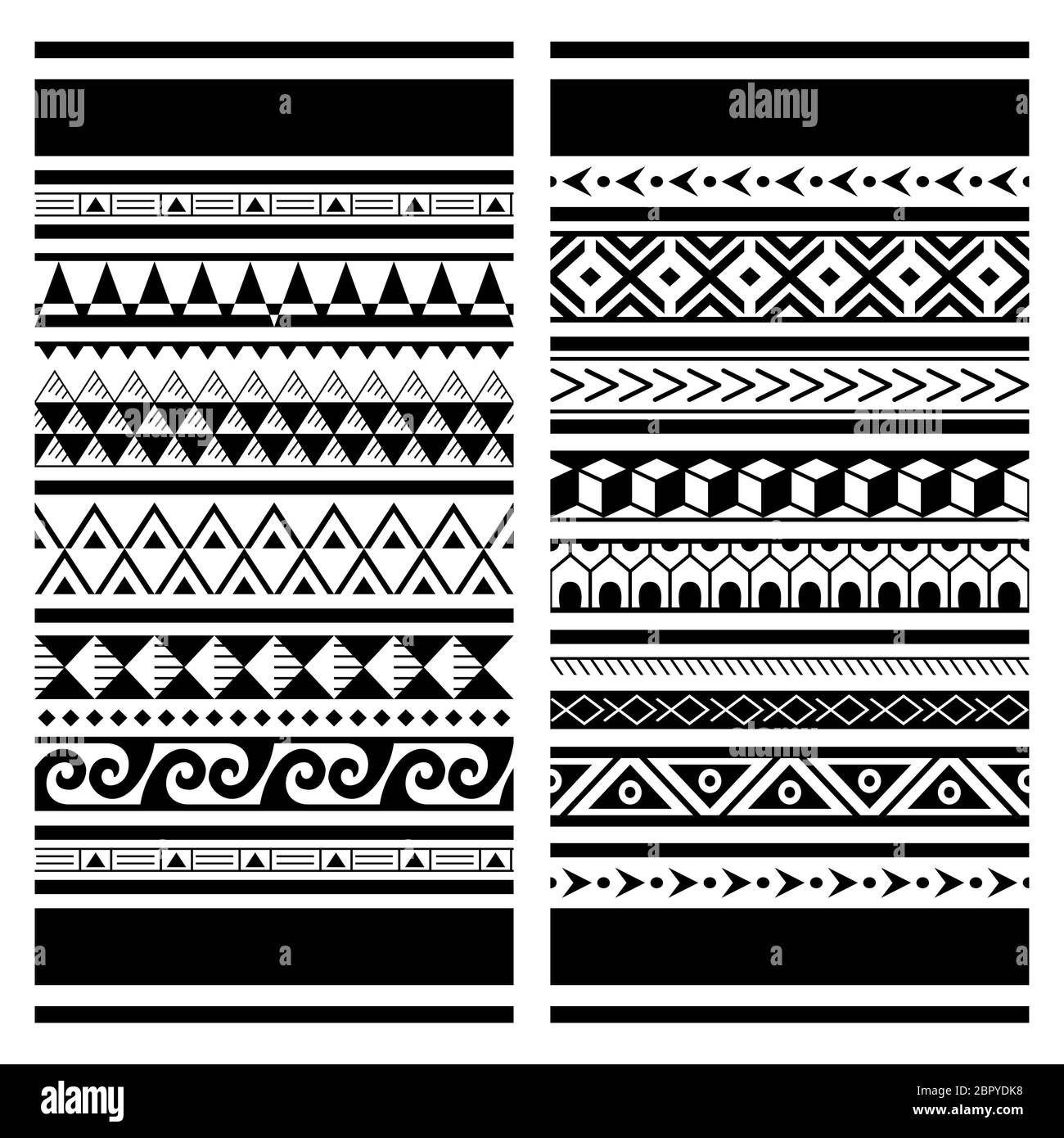Polynesian Maori tattoo seamless vector pattern, Hawaiian tribal design - two geometric patterns set Stock Vector