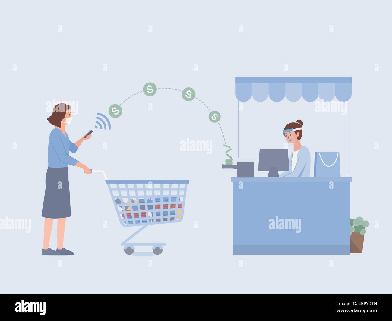 Women wearing a surgical mask with Shopping cart using Mobile Payment to pay Money online for sending money into drawer of Cash register. Stock Vector