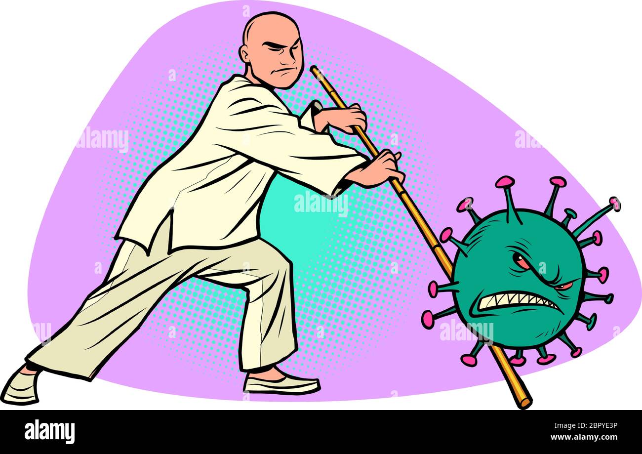 China victory in the epidemic of coronavirus covid 19. Wushu fighter beats the virus with a combat pole Stock Vector