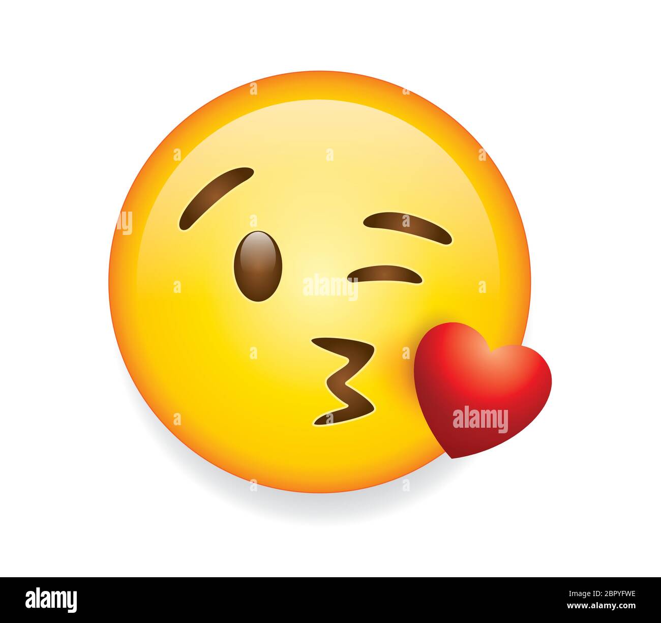 High quality emoticon on white background vector illustration. Emoji with flying kiss red heart  and winking eye face. A yellow face emoji kiss. Stock Vector