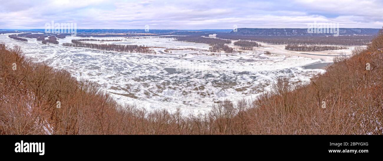 Panoramic Confluence of the Wisonsin and Mississipi Rivers in Winter from Pikes Peak State Park in Iowa Stock Photo