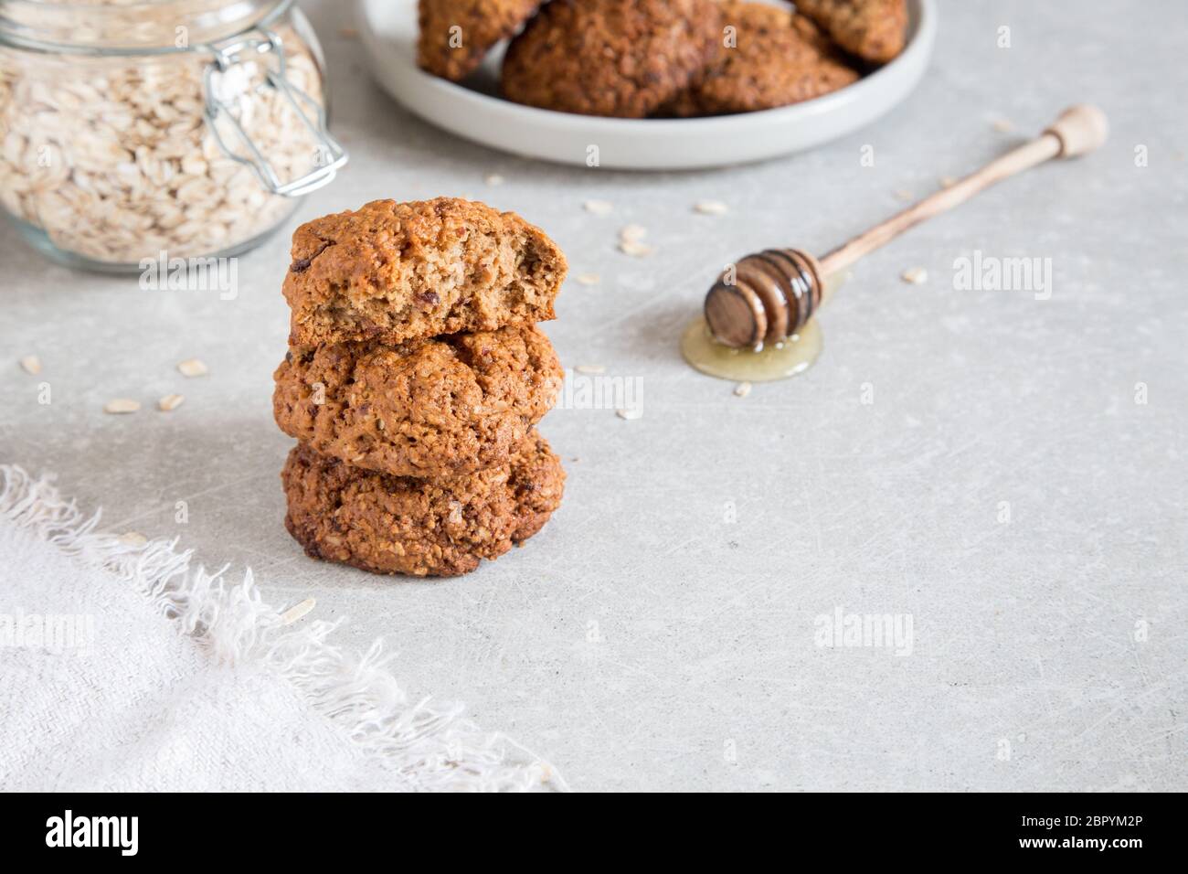 Homemade oatmeal cookies with honey. Healthy Food Snack Concept Stock