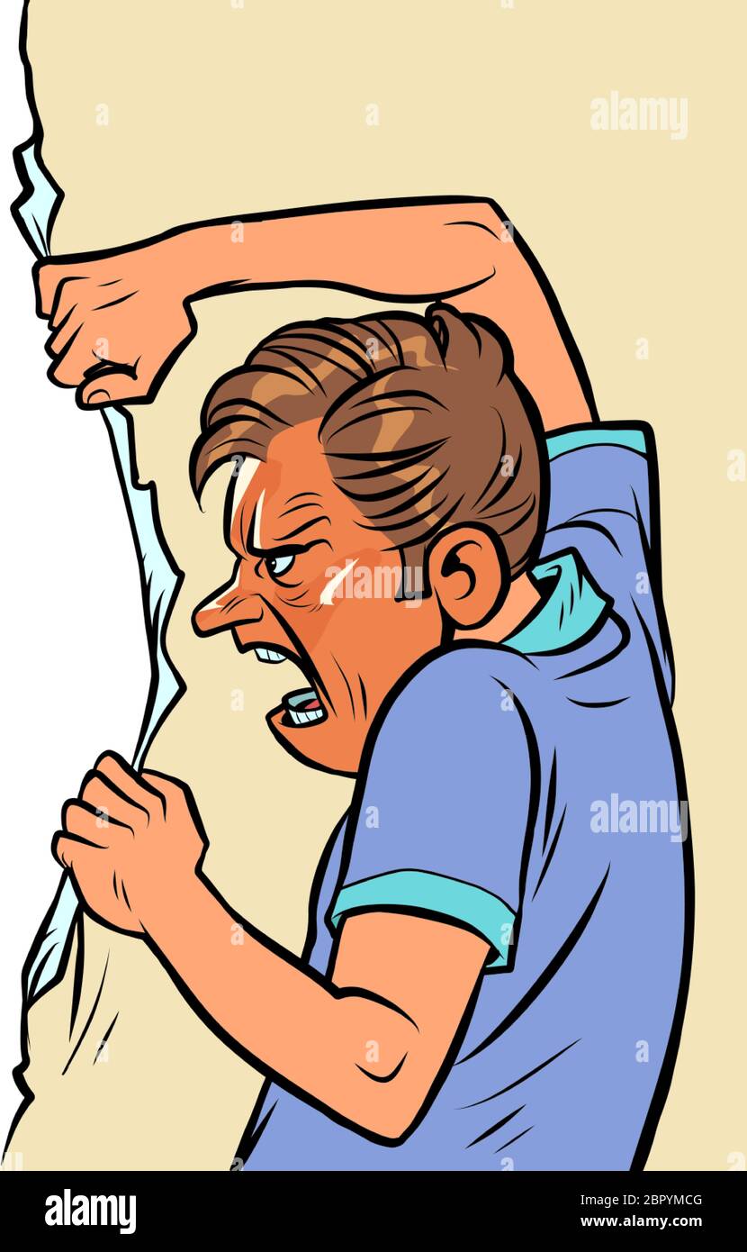Angry man rips paper wall Stock Vector
