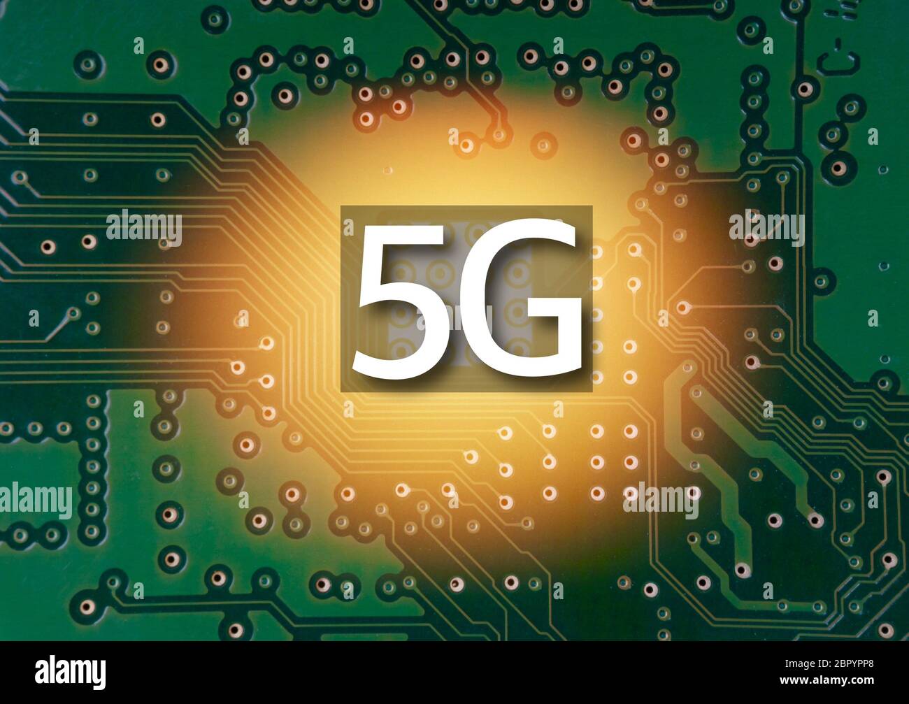 5G Mobile chip on computer board background. Copy space and Technology concept Stock Photo