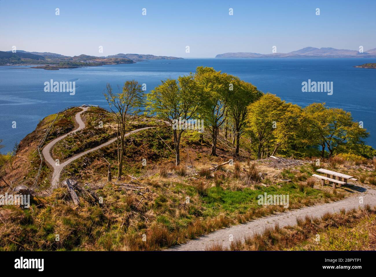 Spring view from the lower trails on Ben Lora towards Dunstaffnage, Argyll Stock Photo