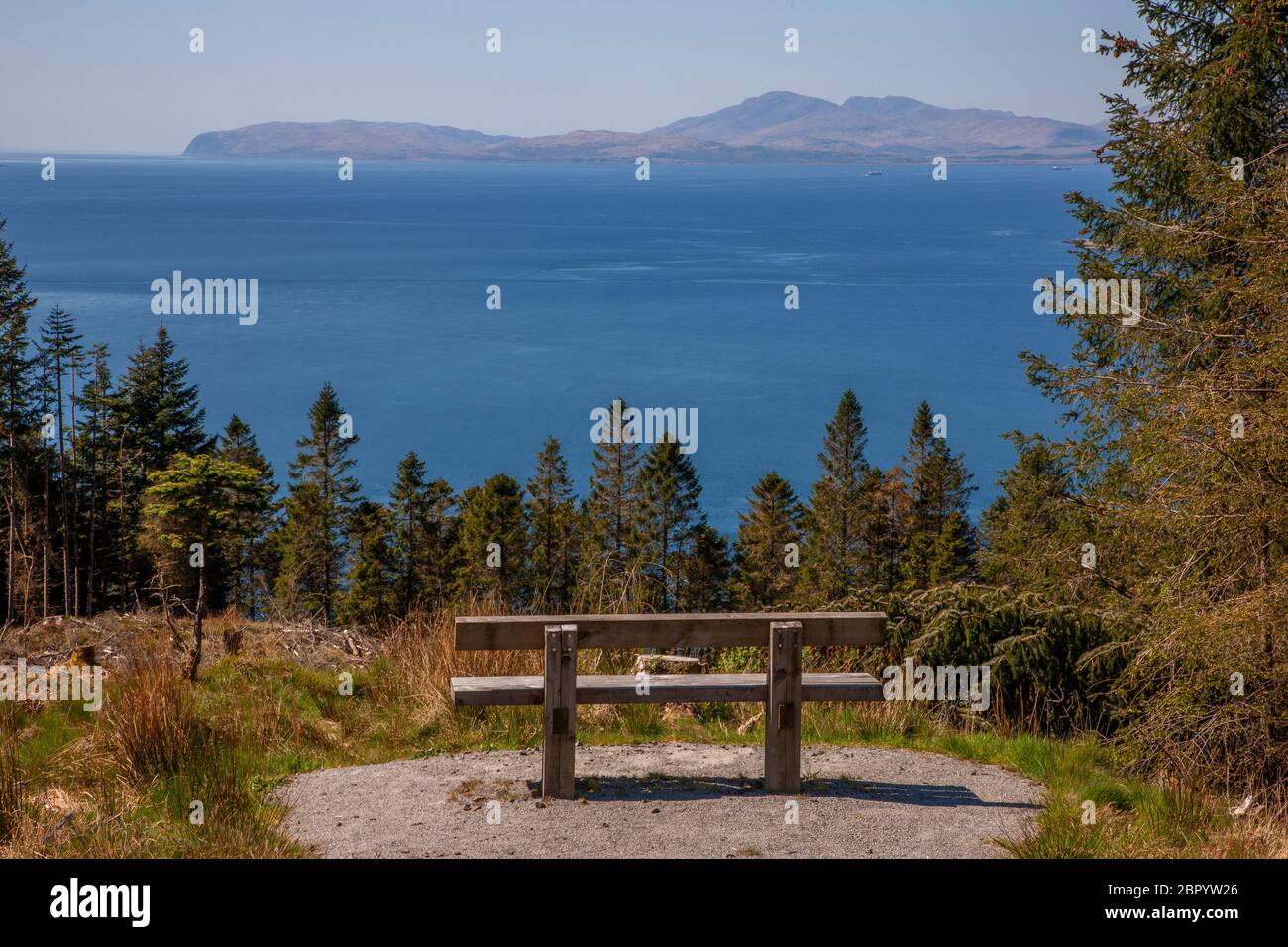 The Isle of Mull from the Ben Lora forest trails, Argyll Stock Photo