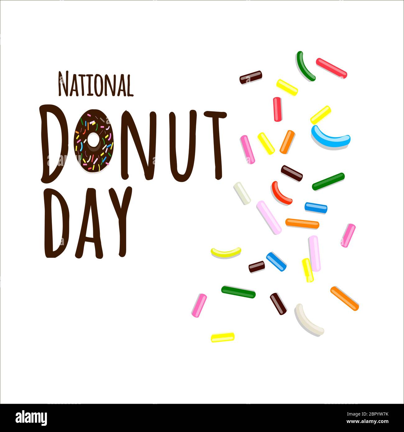 National Donut day text in cartoon style with multicolored pastry