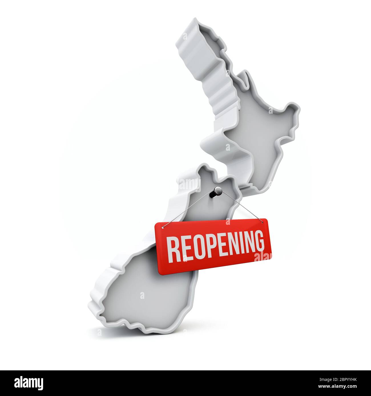 New Zealand map with red reopening sign after quarantine. 3D Rendering Stock Photo