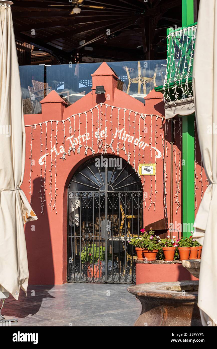 Torre del Mirador restaurant closed during phase one of de-escalation of the Covid 19, coronavirus, State of Emergency, Costa Adeje, Tenerife, Canary Stock Photo