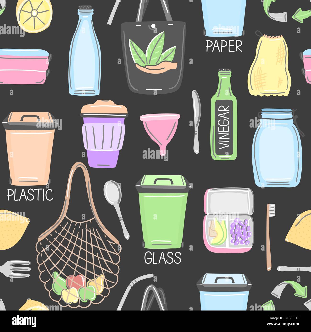 Vector seamless pattern with hand drawn zero waste objects. Eco ...