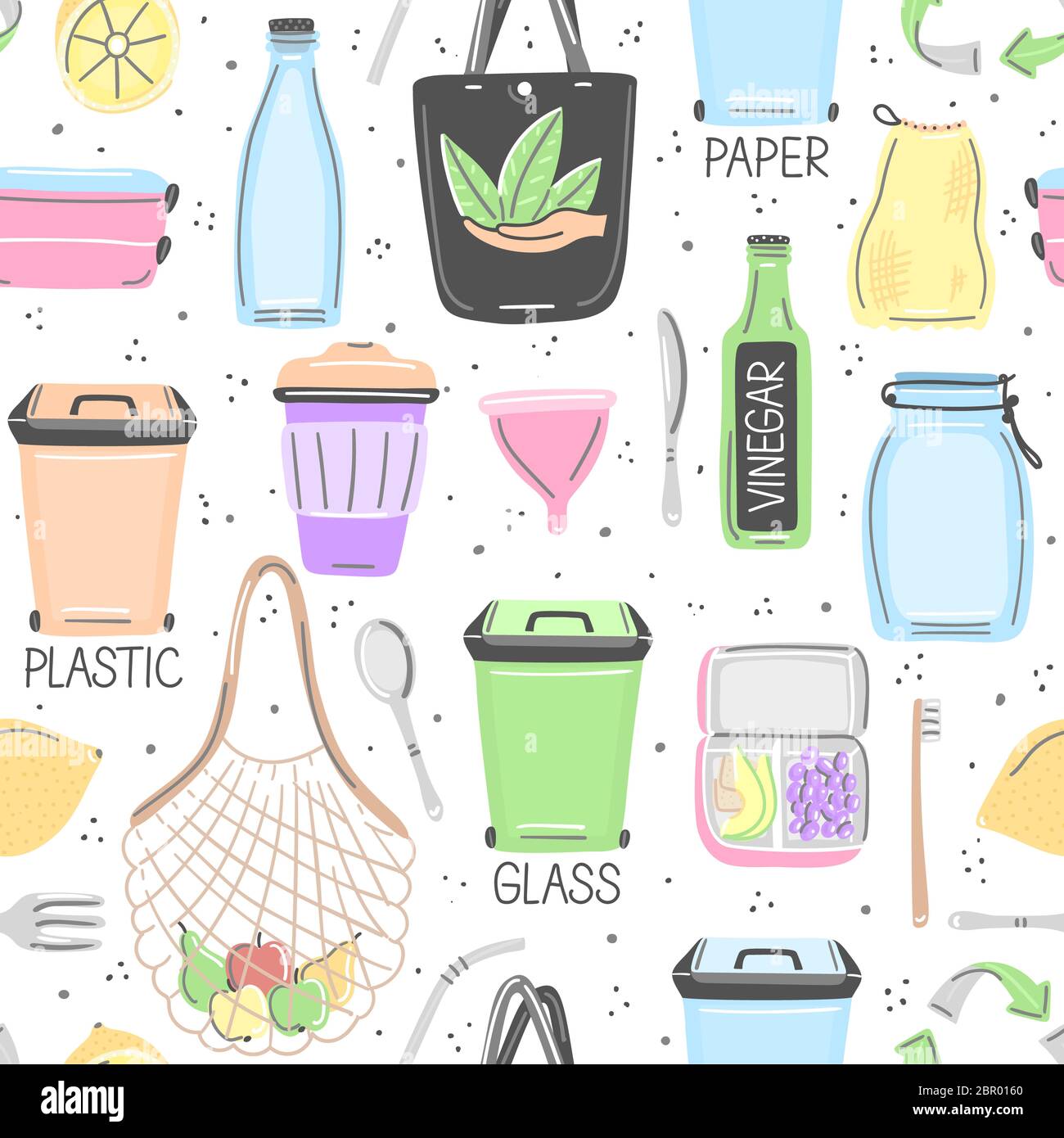 Vector seamless pattern with hand drawn zero waste objects. Eco ...