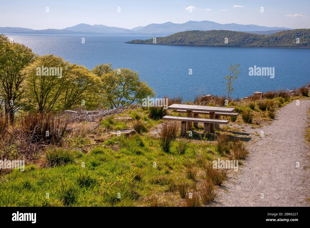 The isle of Mull from Ben Lora Forest trails, Benderloch, Argyll Stock Photo
