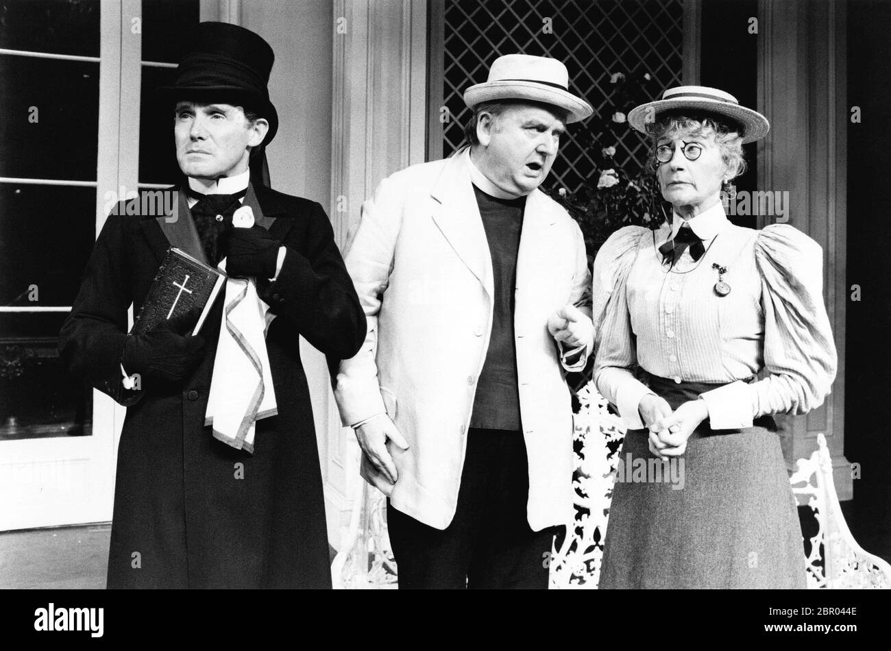 l-r: Clive Francis (John Worthing, J.P.), Harold Innocent (Rev. Canon Chasuble), Phyllida Law (Miss Prism) in THE IMPORTANCE OF BEING EARNEST by Oscar Wilde at the Royalty Theatre, London WC2 11/09/1987  design: Carl Toms director: Donald Sinden Stock Photo