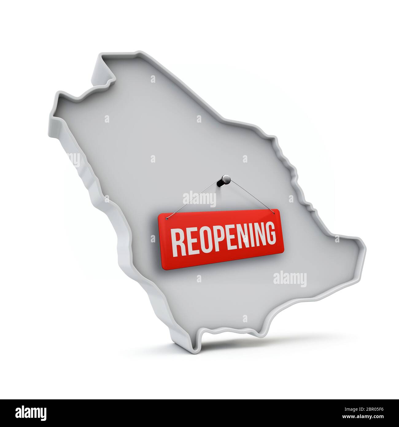 Saudi Arabia map with red reopening sign after quarantine. 3D Rendering Stock Photo