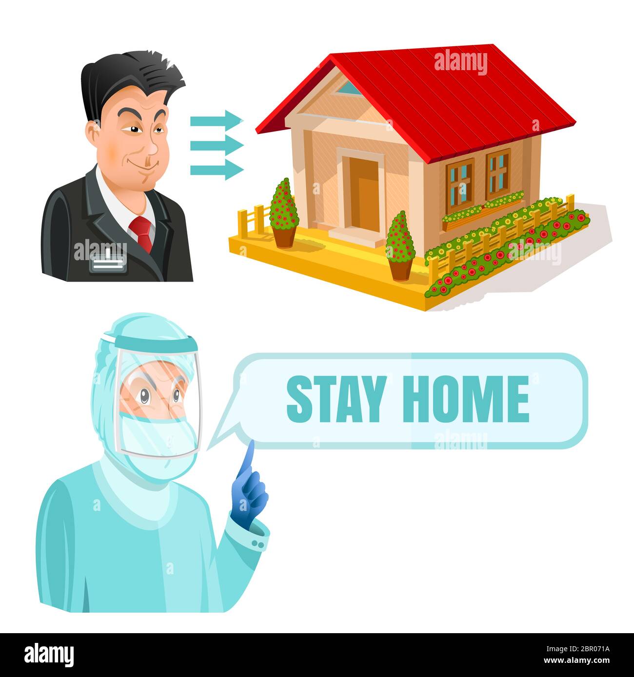 Flat vector illustration. Doctor clothed in protection suit and glass mask with speech bubble with Stay home message. Man and house above him. Stock Vector