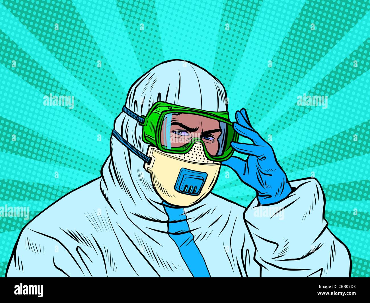 A doctor in a full protective suit during an epidemic. Mask and gloves Stock Vector