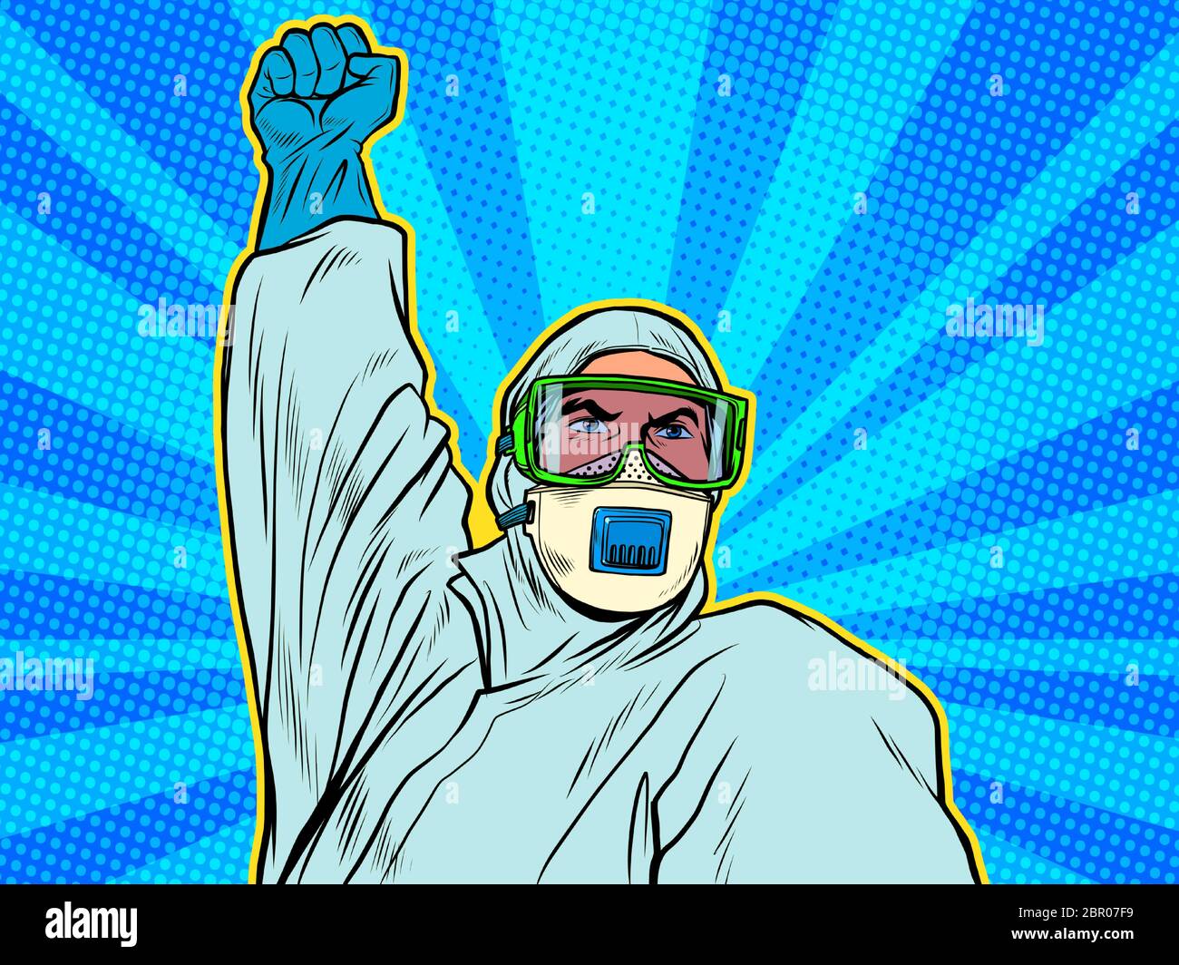 A doctor in a full protection suit. Resistance gesture. Epidemic coronavirus covid19 Stock Vector