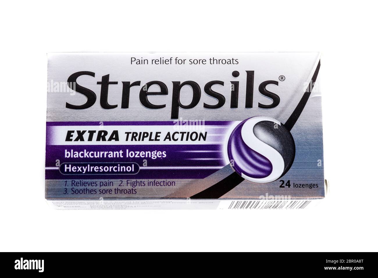 Strepsils, Strepsils lozenges, Strepsils sore throat relief, Strepsils triple action, Hexylresorcinol, pain relief, sore throat pain relief, box, pack Stock Photo