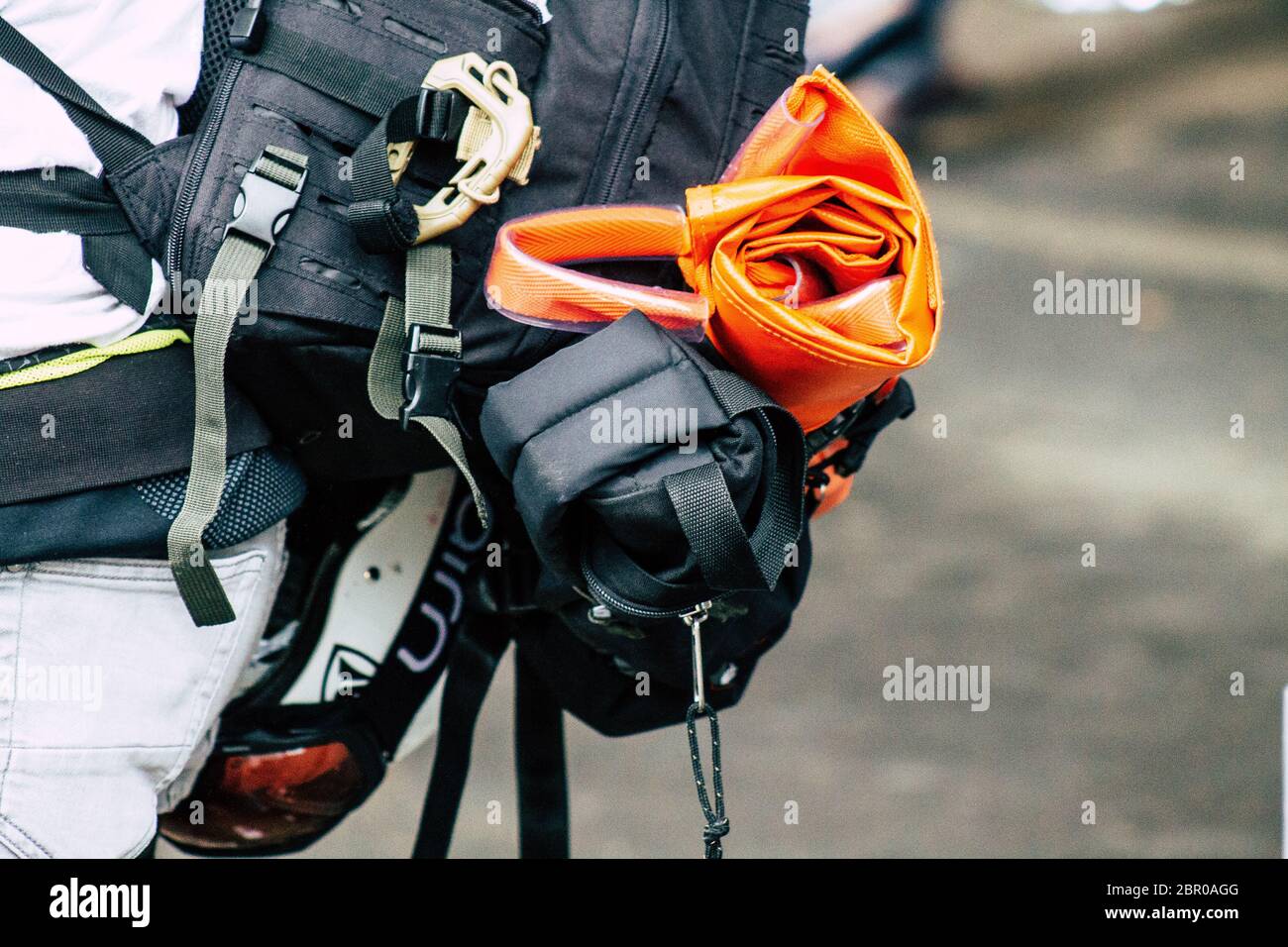 Paris France May 04, 2019 View of French street medic helping a protester injured by the riot squad of the French National Police in the street during Stock Photo