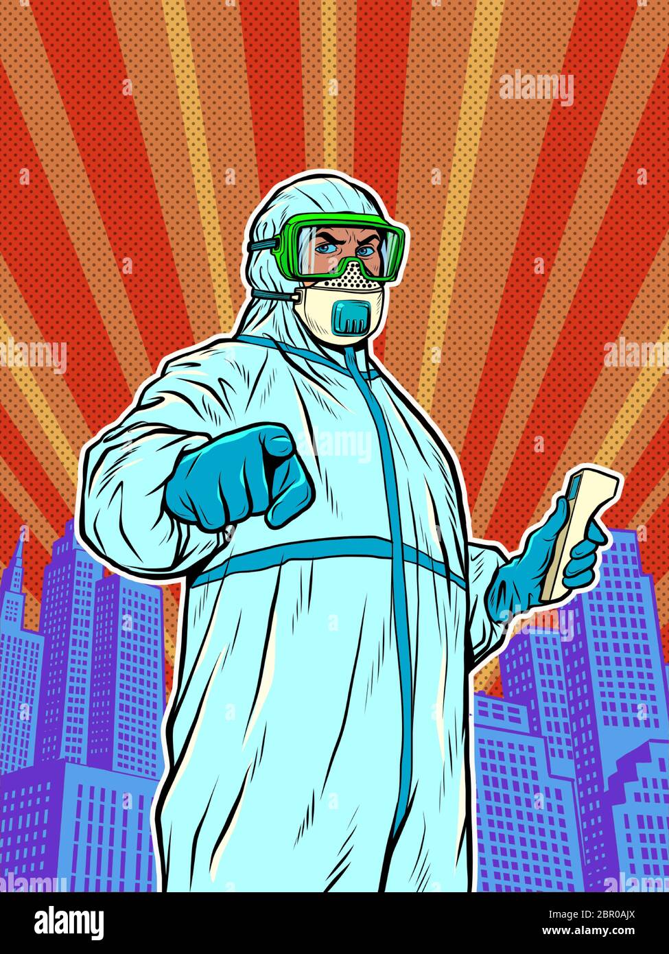 A doctor in a full protection suit with a thermometer. Epidemic coronavirus covid19 Stock Vector