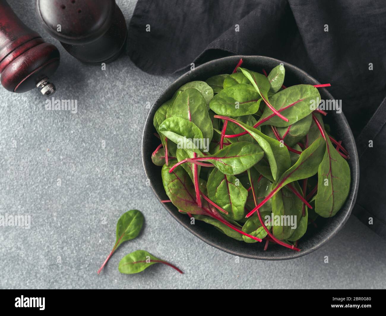 Fresh salad of green chard leaves or mangold on gray stone background