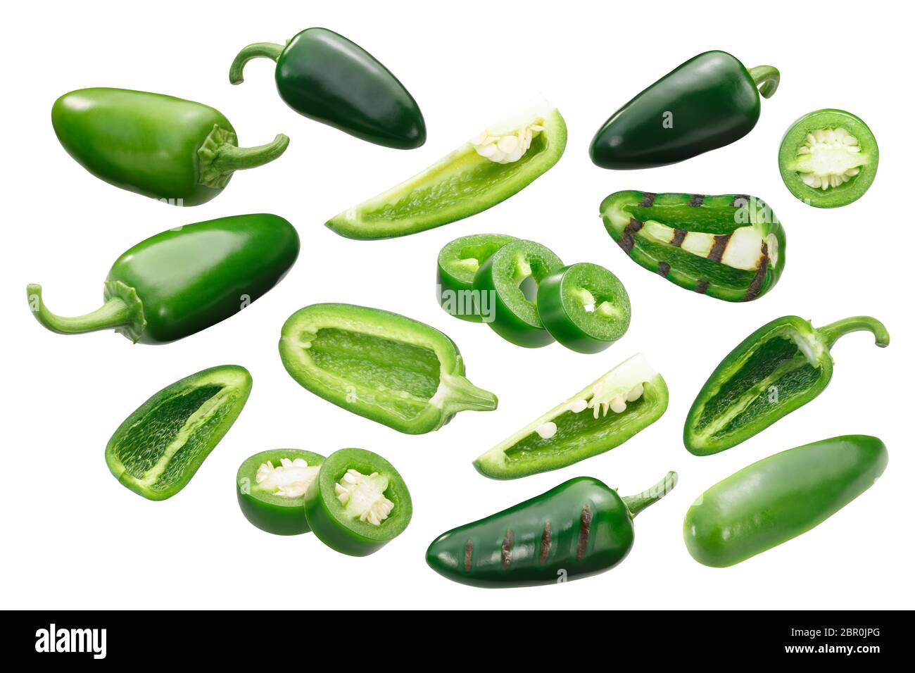 Jalapeno chile peppers (Capsicum annuum fruits), whole, sliced and