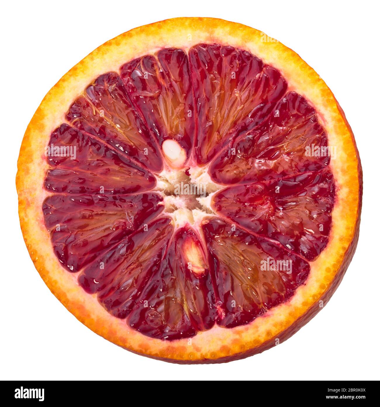 Blood orange (Citrus x sinensis fruits), slice, wheel or ring, top view