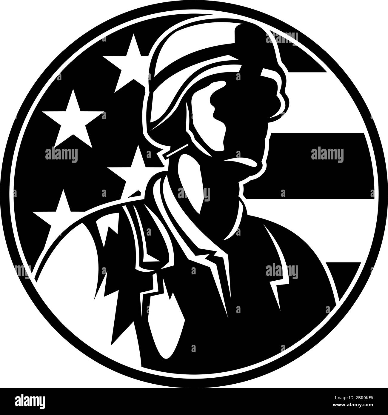 Black and White Illustration of an American soldier military serviceman or veteran looking to side with USA stars and stripes in the background during Stock Vector