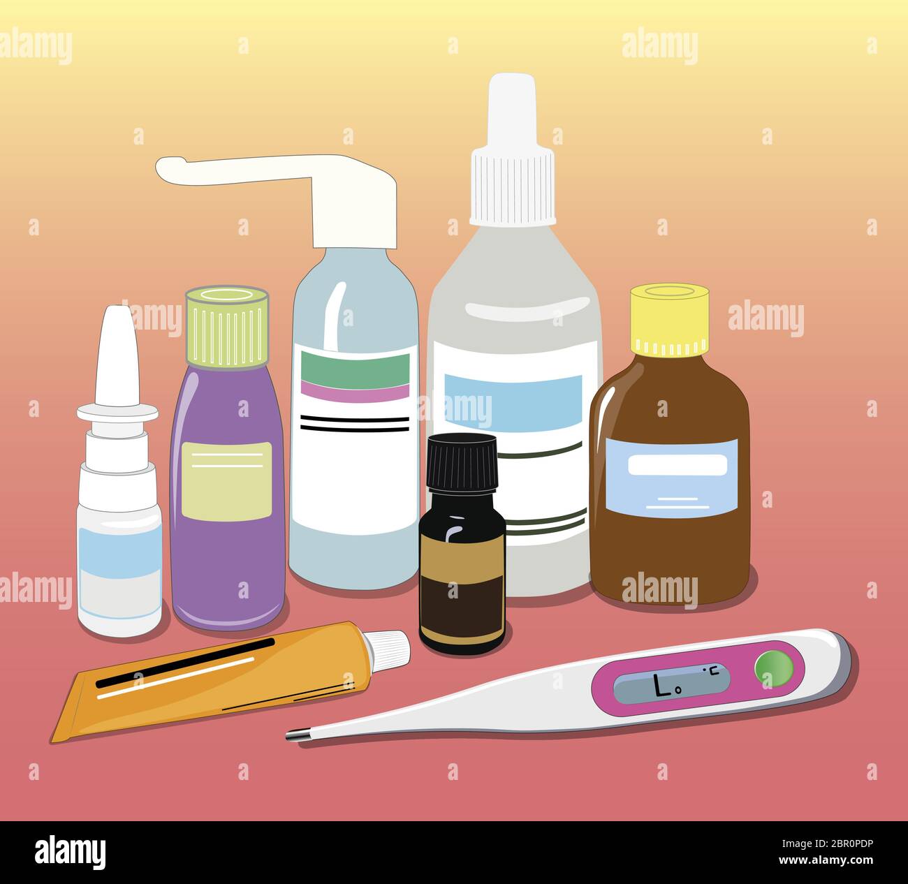 Flat structure of drugs. Medical bottles, tube. Thermometer for
