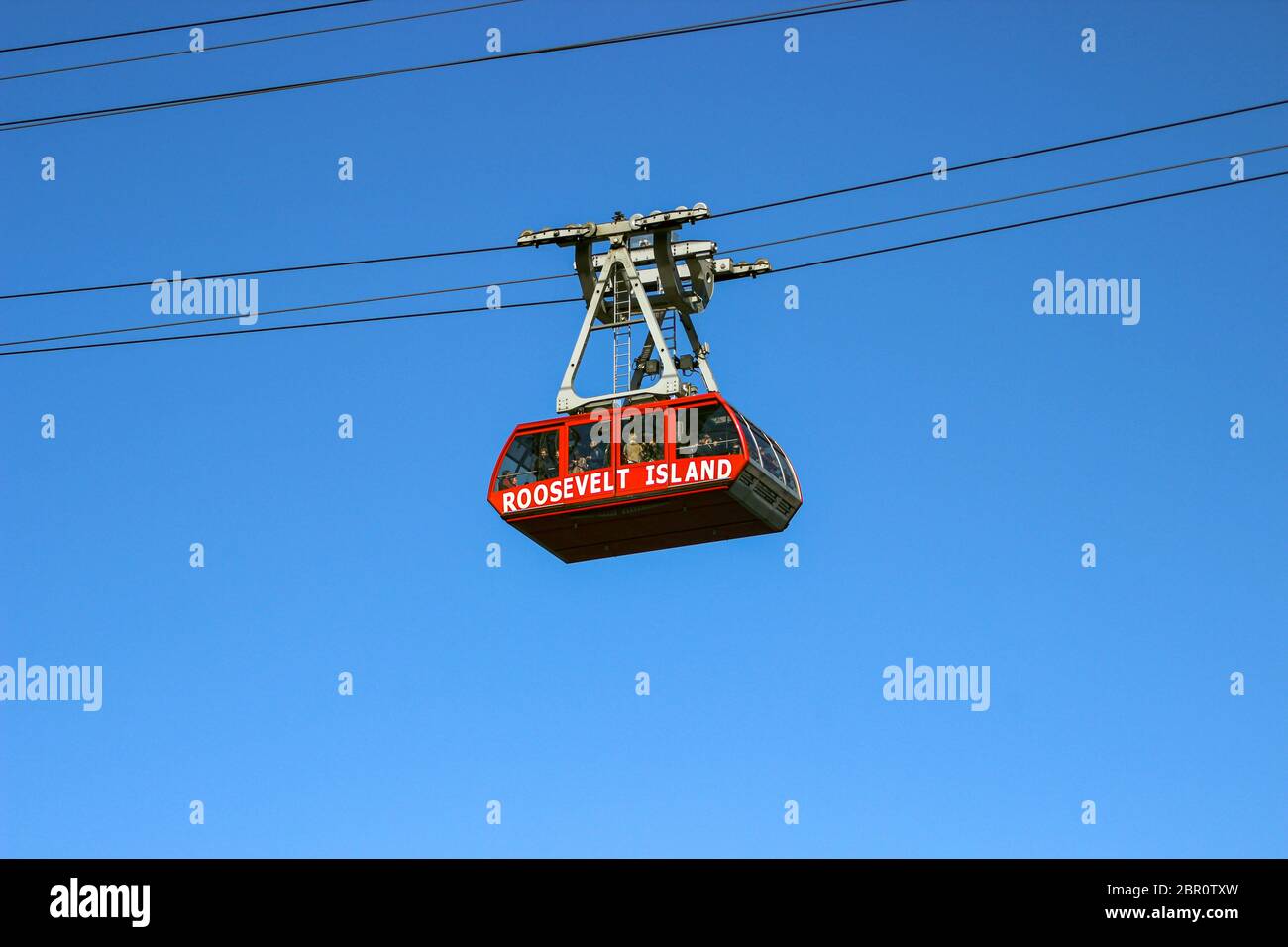Roosevelt Island aerial tramway cabin crossing East River in New York City, United States of America Stock Photo