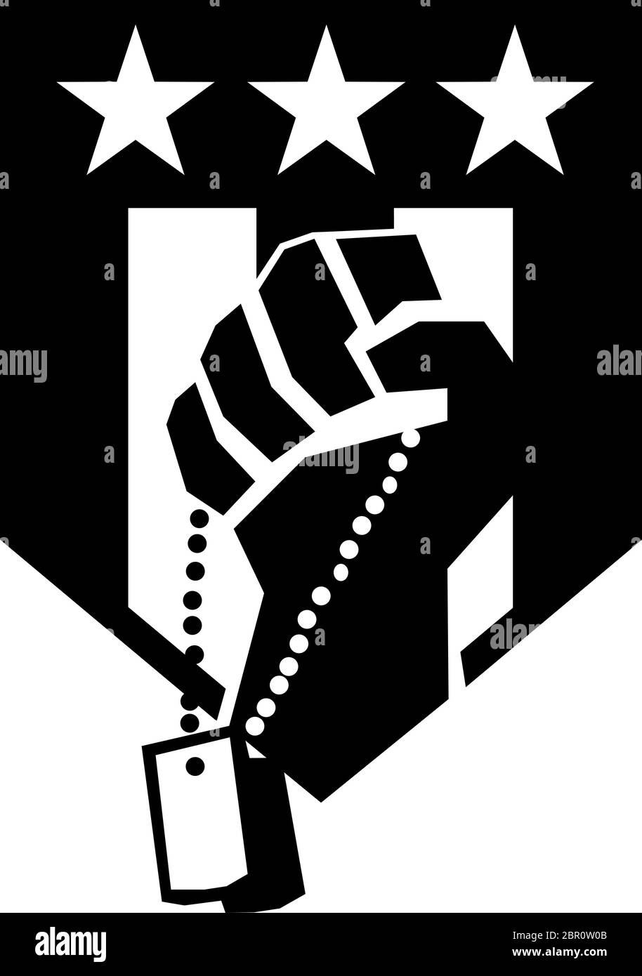 Illustration of a hand of an American soldier clutching holding dogtag viewed from front set inside shield crest with  USA Stars and Stripes Flag done Stock Vector