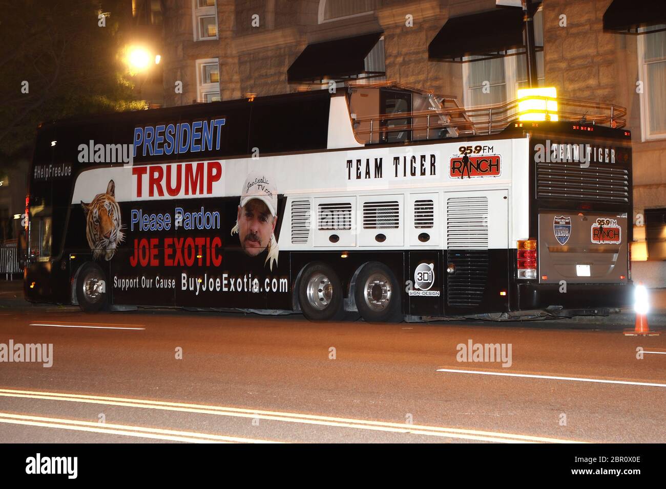 Washington, DC, USA. 19th May, 2020. Joe Exotic's legal team arrives in DC tonight in a bus with his likeness with hopes of getting a chance to see President Trump tomorrow morning and receive a pardon for Exotic. May 19, 2020 in Washington, DC Credit: Mpi34/Media Punch/Alamy Live News Stock Photo