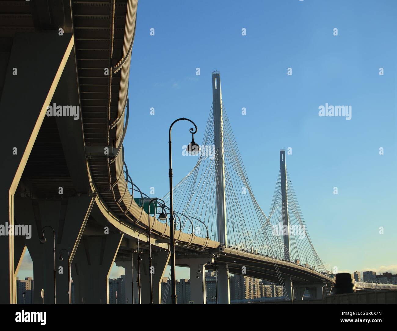 view of the overpass and cable-stayed bridge low angle view Stock Photo