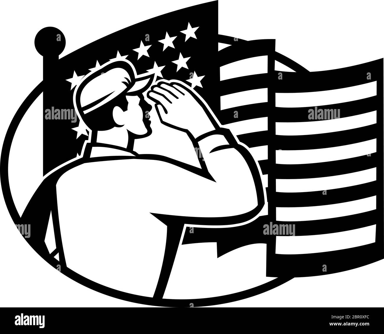 Black and White Illustration of an American soldier serviceman saluting USA stars and stripes flag viewed from rear on Memorial Day or Veteran's Day s Stock Vector