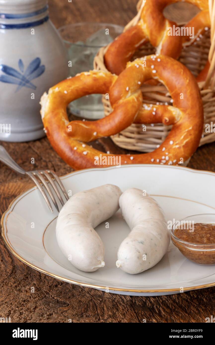 overview of two bavarian white sausages Stock Photo