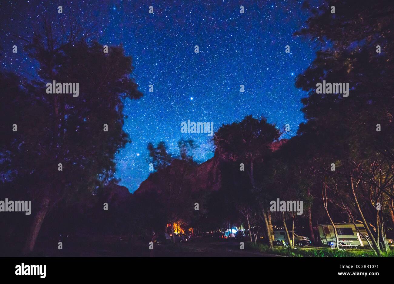 camping in campground area at night with star on the sky in national park campground. Stock Photo