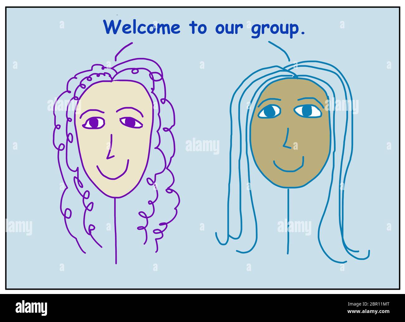 Color cartoon of two smiling, beautiful, ethnically diverse women saying welcome to our group. Stock Photo