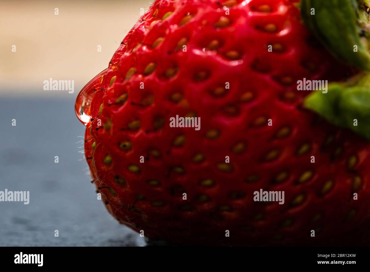 Close up of fresh strawberry showing seeds achenes. Water drop on fresh ...